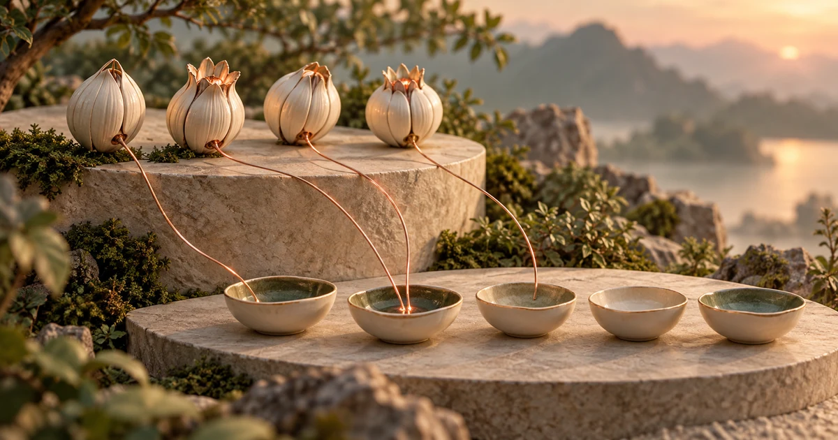 Copper threads connect porcelain seeds to destination bowls, with shared destinations and empty bowls.
