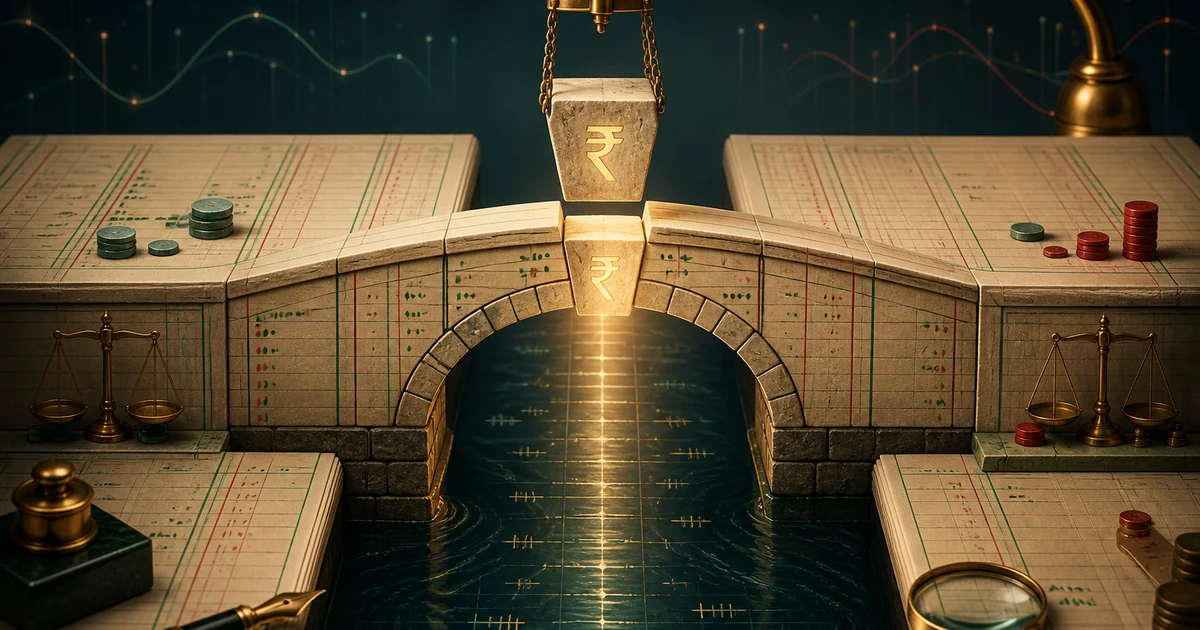 A ledger bridge balanced by a glowing rupee keystone representing the missing opening bank balance