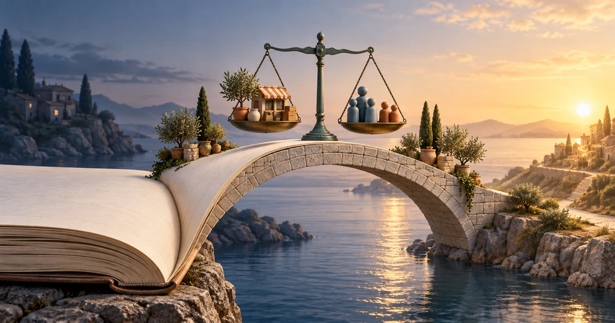 A balanced merchant garden crossing a ledger-page bridge from dusk into dawn