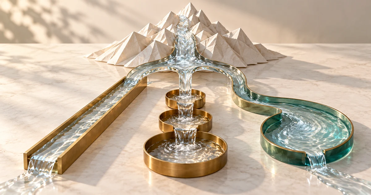 One glass river separating into straight, stepped and circular channels, representing simpler parts of a whole