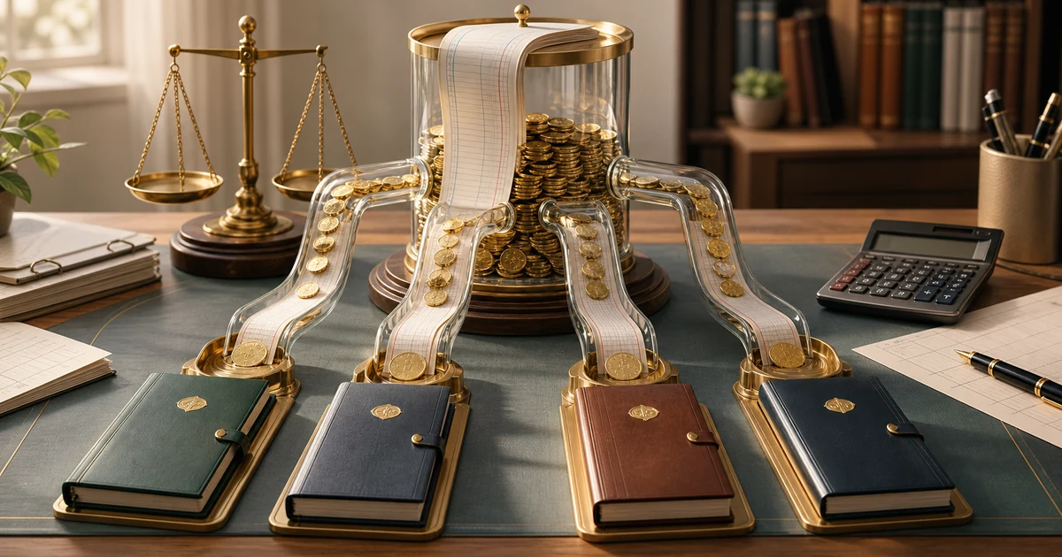 A glass profit reservoir dividing coins through four channels into partner ledger books