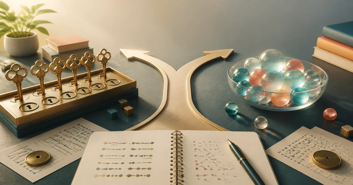 Golden keys arranged in ordered lock slots beside glass tokens gathered in an unordered bowl