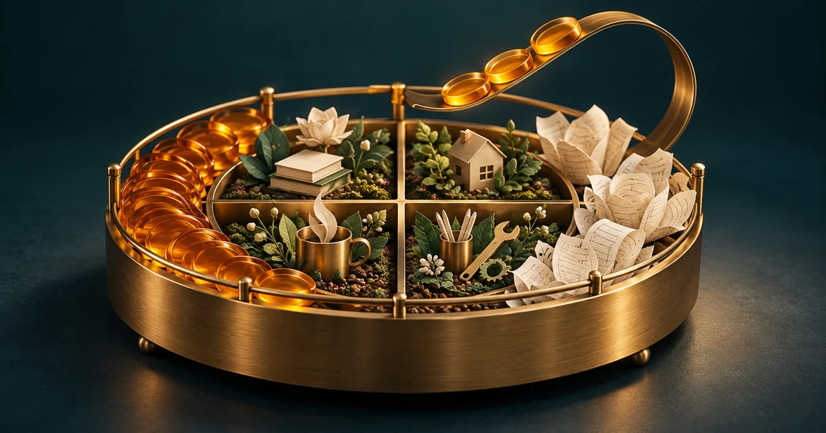 A circular brass garden holding amber coins and paper receipt flowers, with a loop returning coins to the fund