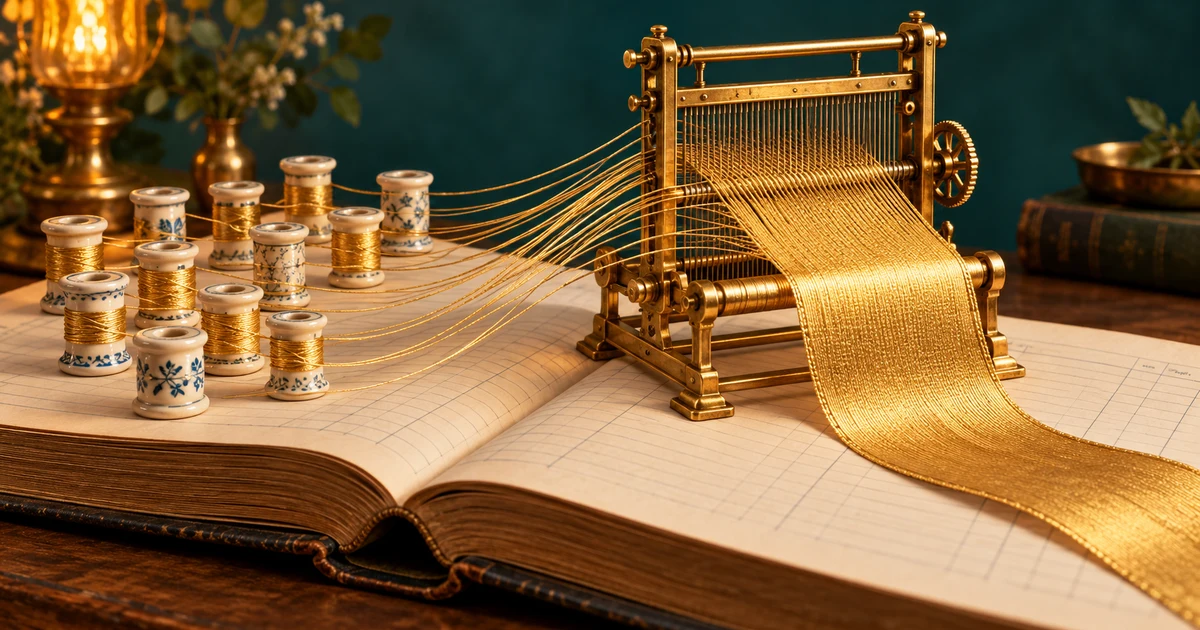 Individual golden threads from ceramic spools become one woven ribbon on a brass loom above an open ledger