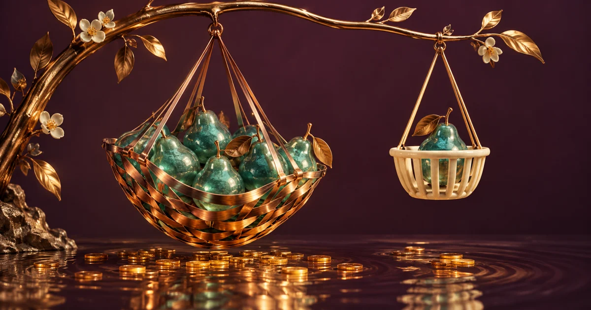 A flexible copper basket and a rigid ivory basket hold glass pears above a pool of coins