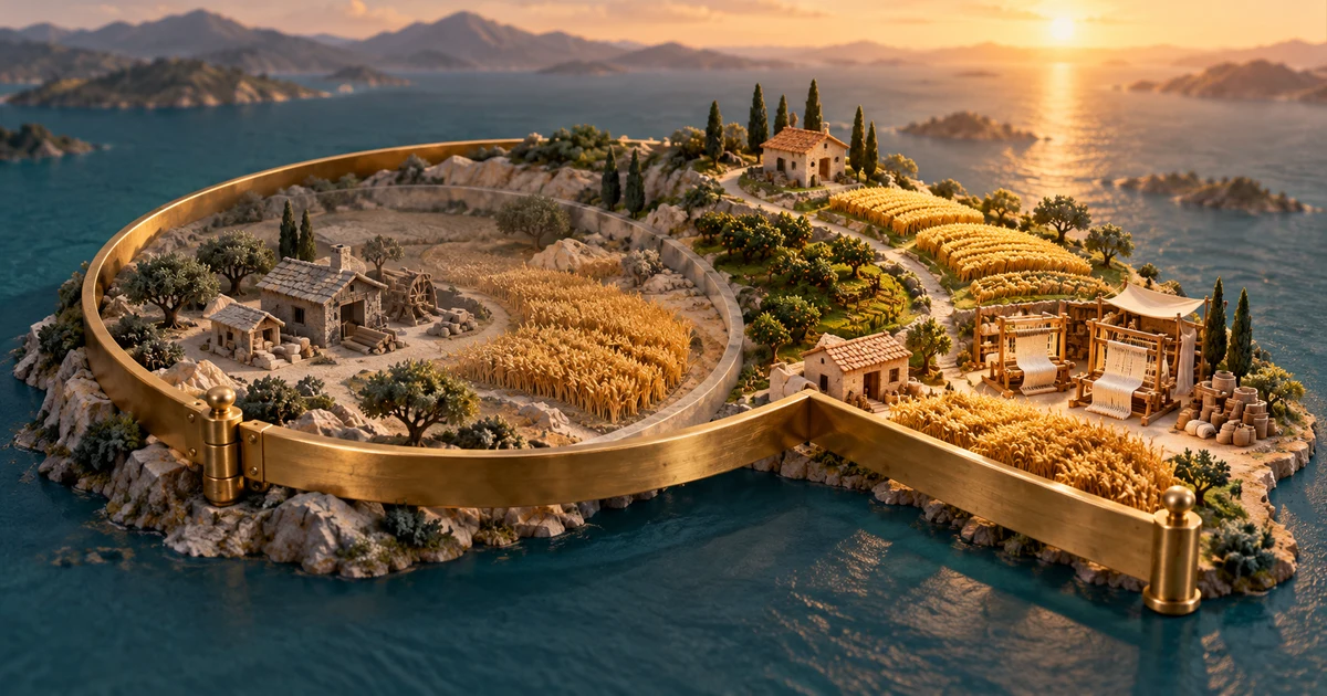 A hinged brass boundary opens around a miniature island of wheat fields and weaving workshops, revealing new production possibilities