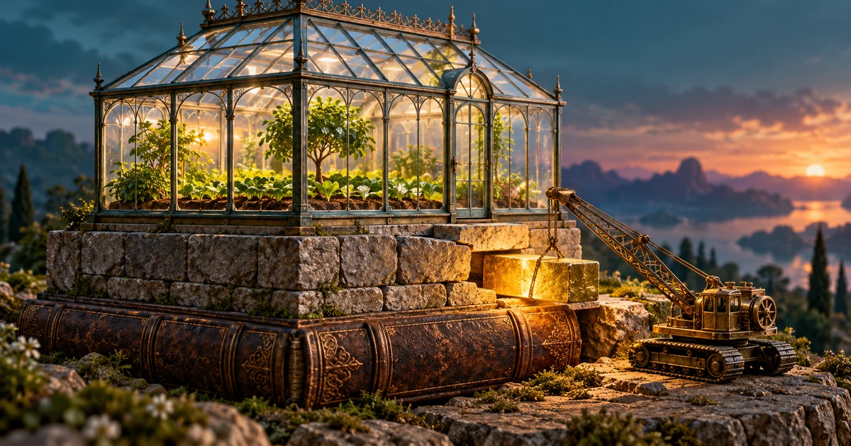 A brass crane repairs a golden foundation block beneath a thriving glass greenhouse resting on a closed ledger