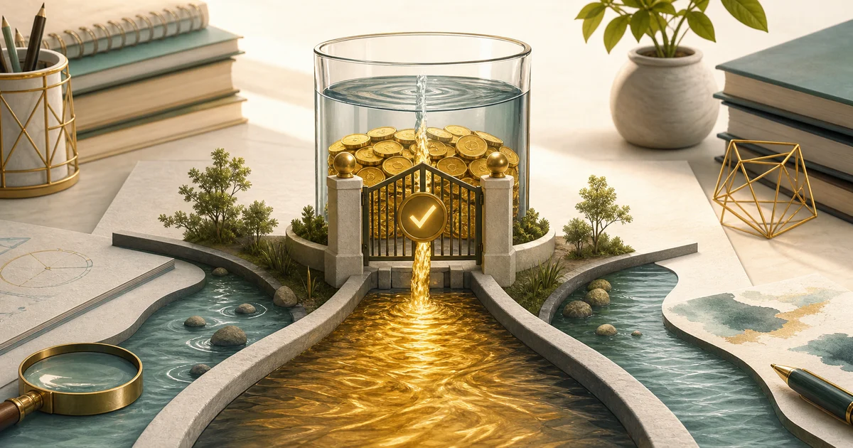 A symbolic approval gate releasing golden cash flow from a dividend reservoir into a financing stream
