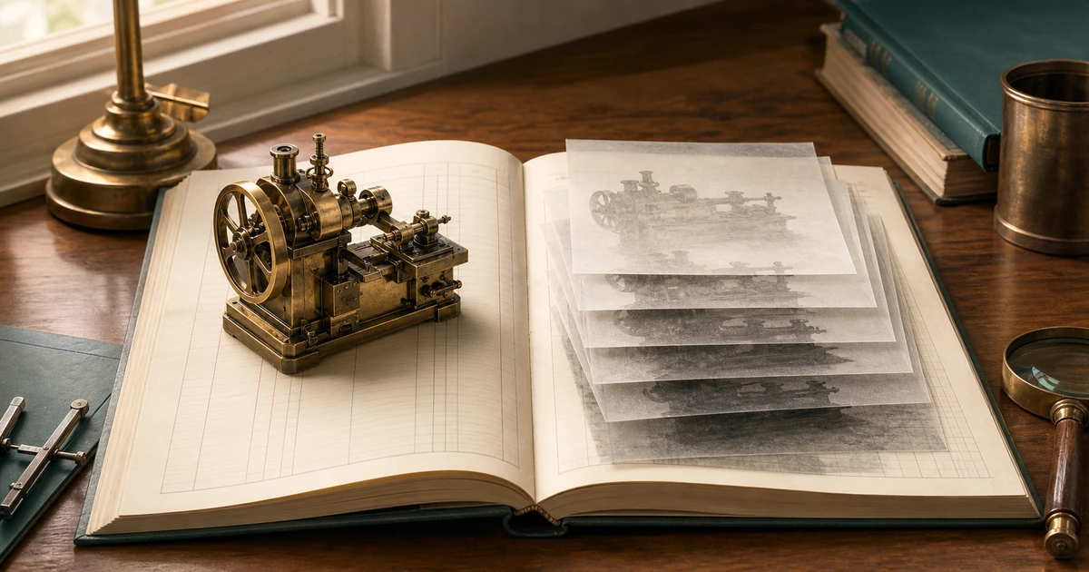 A brass machine model on a ledger with translucent shadow sheets showing accumulated depreciation separately