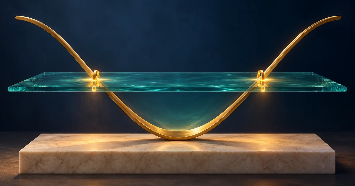 A brass path dips below a teal glass plane between two glowing boundary rings and rises above it on either side