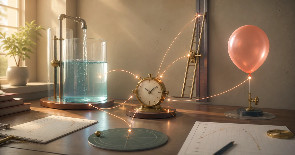 A brass clock connecting a filling water tank, sliding ladder, and expanding balloon with glowing threads of motion