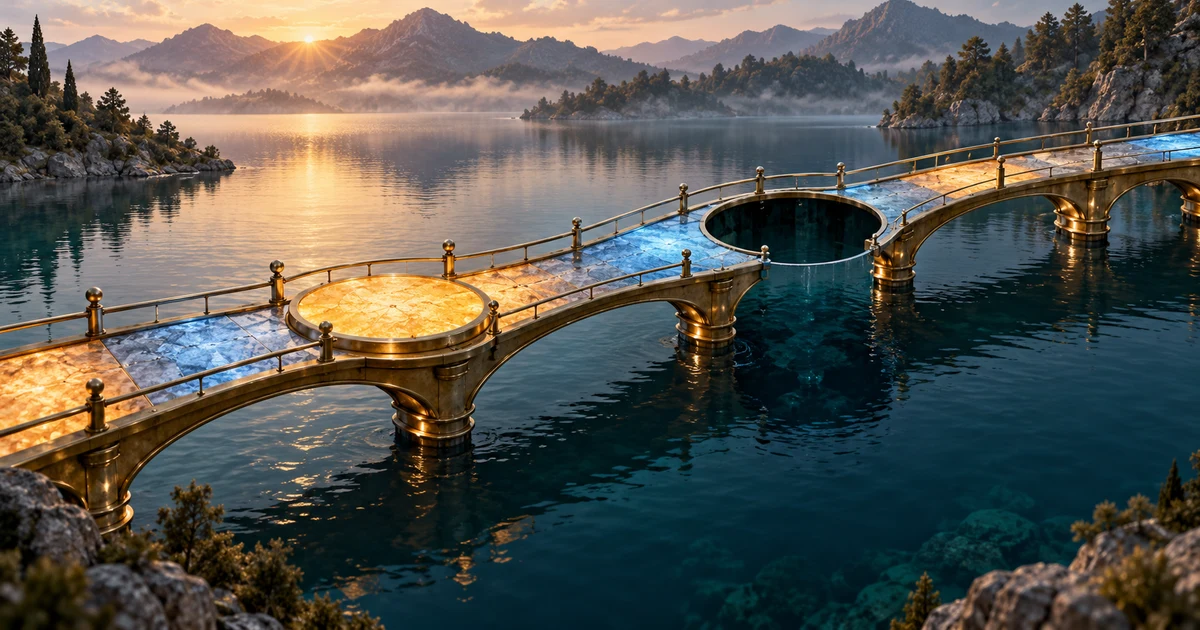 A brass bridge with a glowing solid platform and a separate circular gap above a teal lake