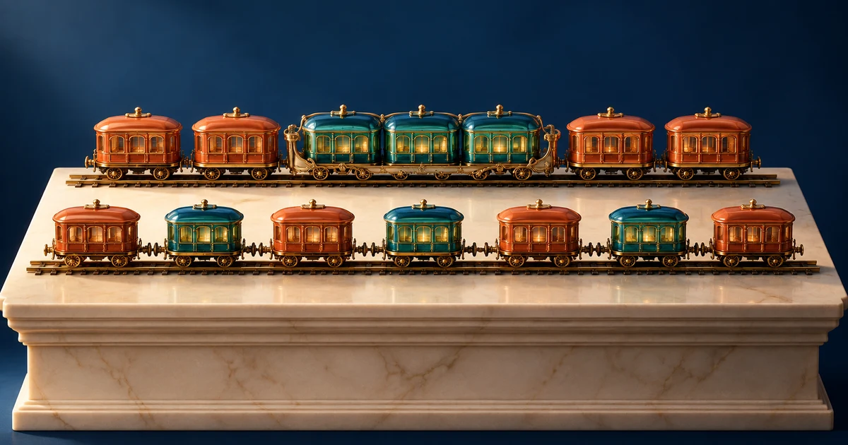 Teal railway carriages joined in one brass cradle beside a second track where terracotta carriages keep them apart