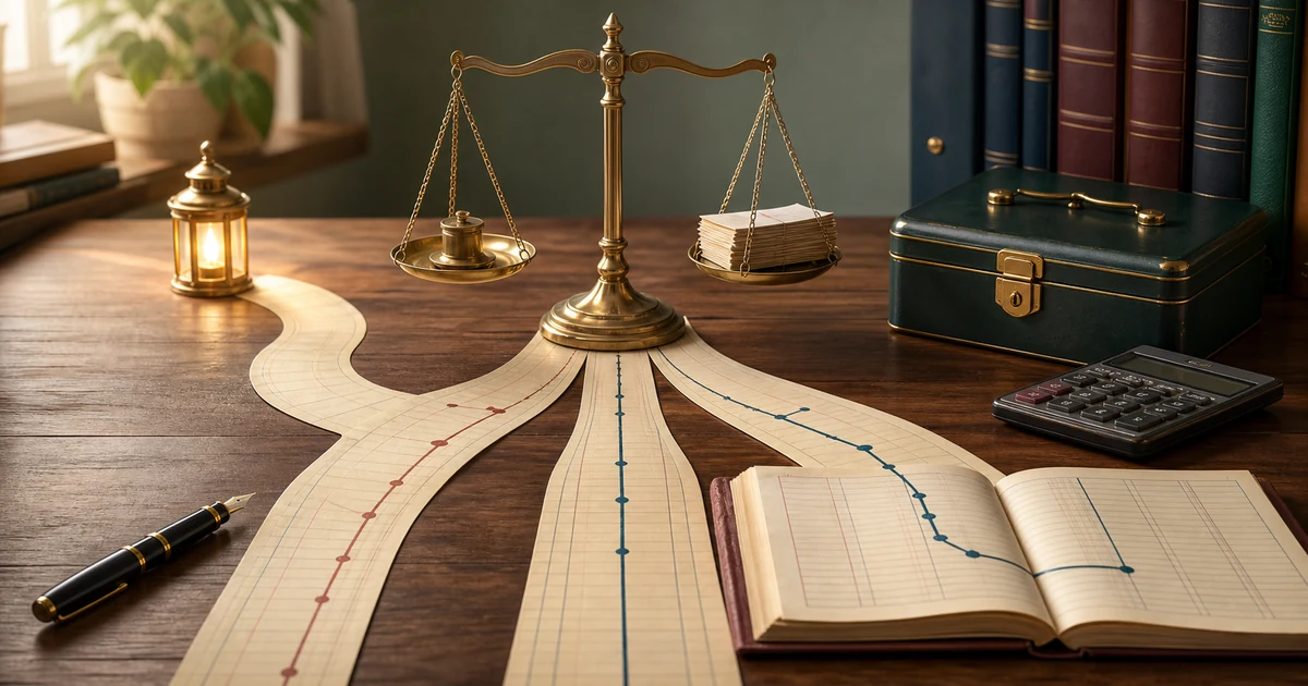A brass scale weighing partnership ledgers, with one paper path branching away toward a final settlement