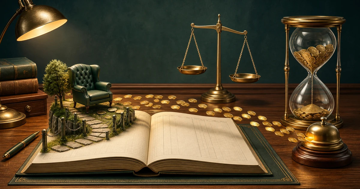 A ledger desk with coin streams, a balance scale, an hourglass, and a bell showing loan interest timing