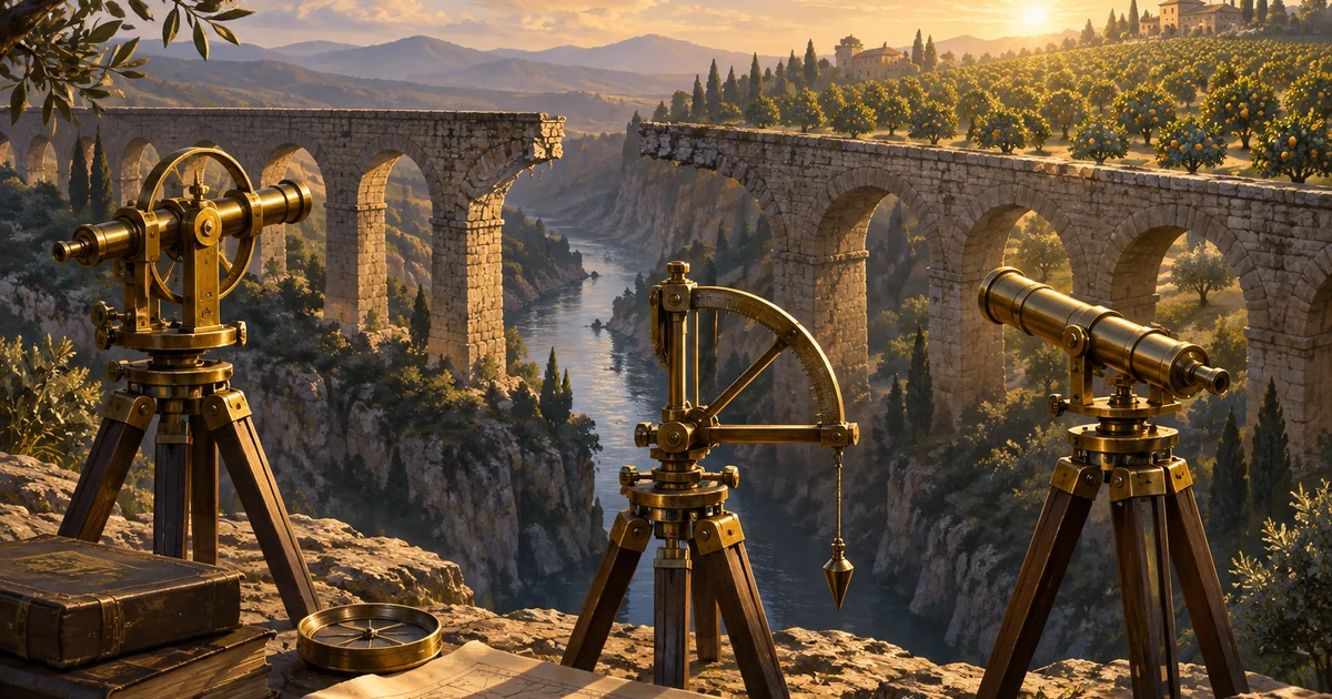 Three brass surveying instruments examine a missing aqueduct span leading towards a sunlit orchard
