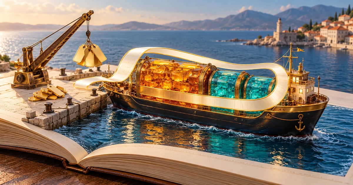 A brass merchant ship on a ledger harbour carries separate amber sales cargo and matching turquoise tax compartments