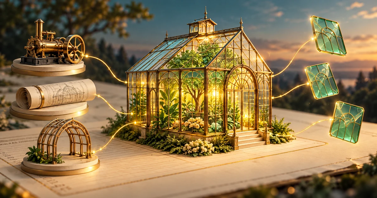 A growing glass greenhouse exchanges ownership panes for machinery, design and protection.