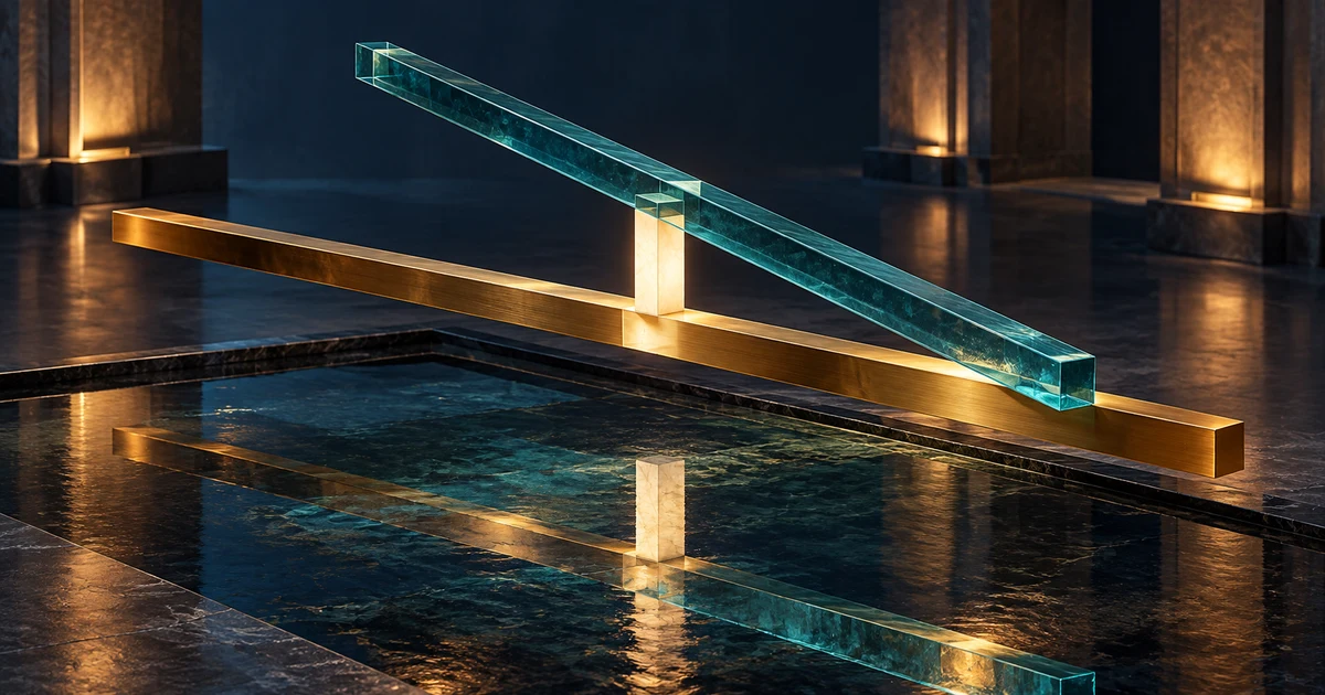 Brass and turquoise routes at different heights joined by a glowing ivory connection above a reflecting pool