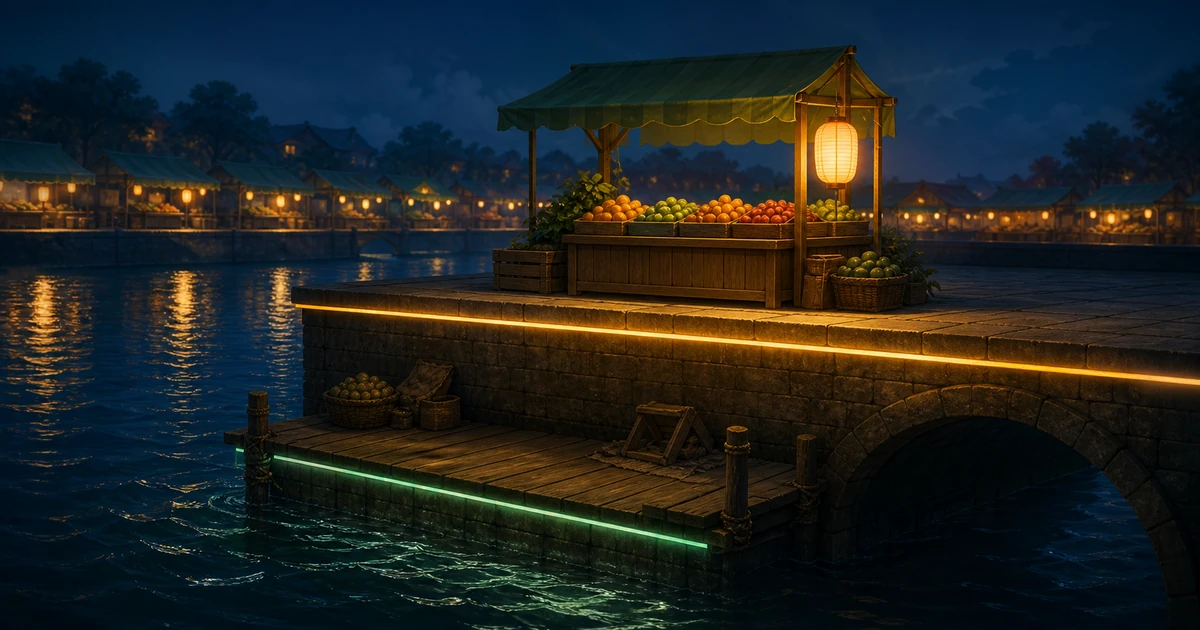 A night market stall standing between a higher bridge level and a lower glowing pier, showing two cost thresholds