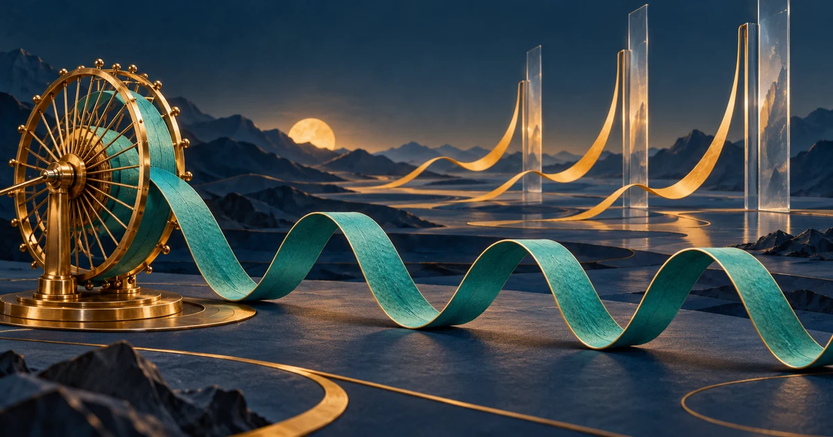 A circular brass loom releases a repeating teal ribbon beside golden curves approaching glass walls