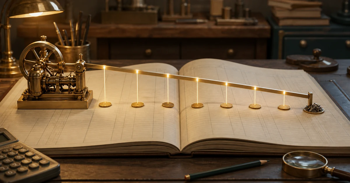 A brass machine on an open ledger showing equal depreciation intervals along a straight line