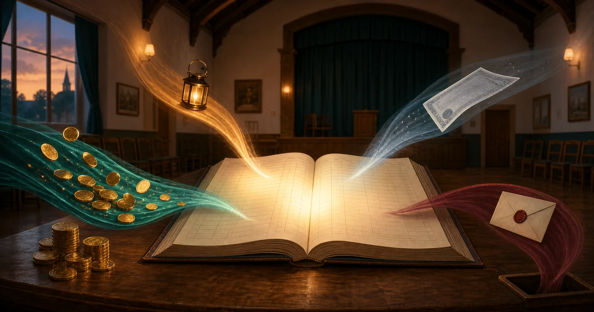 A glowing ledger in a community hall where streams of coins, lantern light, promise notes, and future envelopes show subscription adjustments