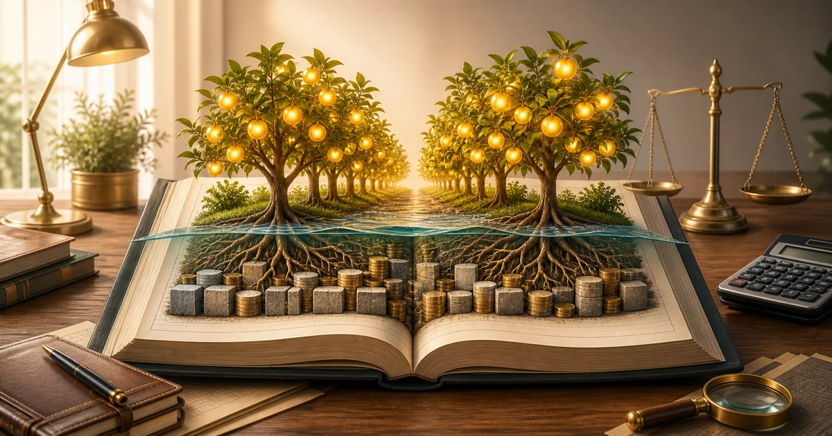 Golden fruit trees growing above a waterline on an open ledger, with roots, coins, and a balance scale showing the idea of super profit and goodwill