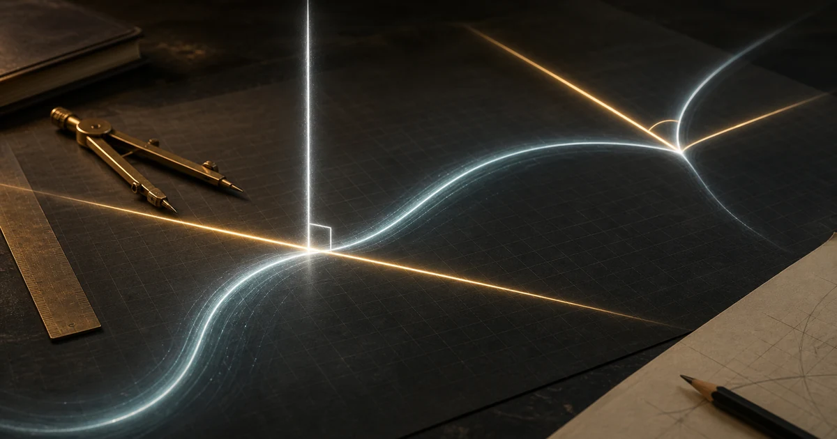 A glowing curve touched by a golden tangent beam and crossed by a silver normal line on a graph-paper desk