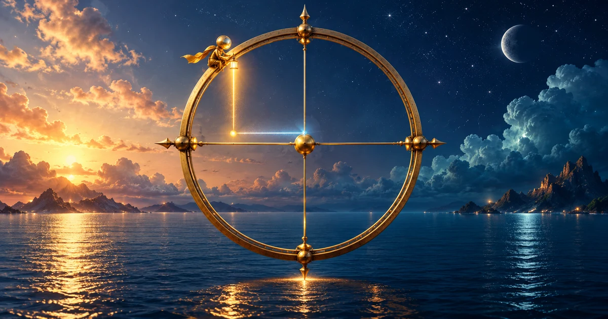 A golden navigator on a circular observatory traces horizontal and vertical light across a midnight sea