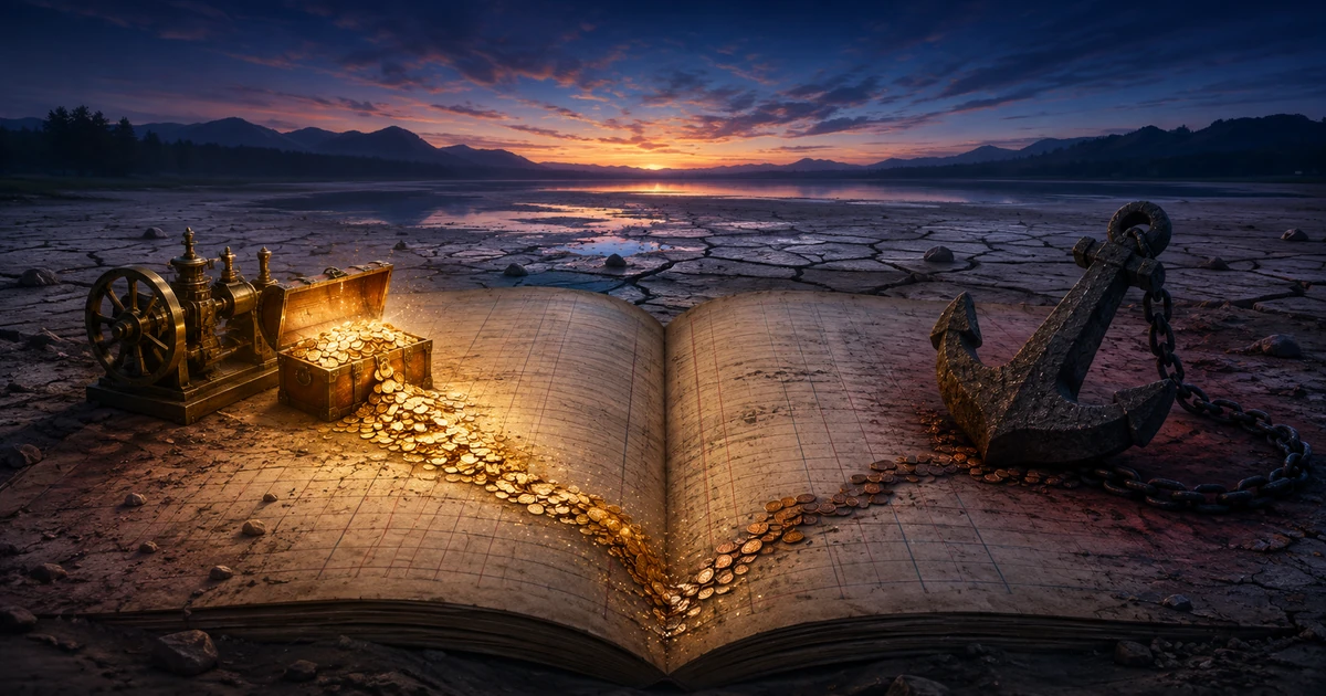 A dry ledger riverbed revealing a hidden golden chest and a chained stone burden during the final settlement of a firm