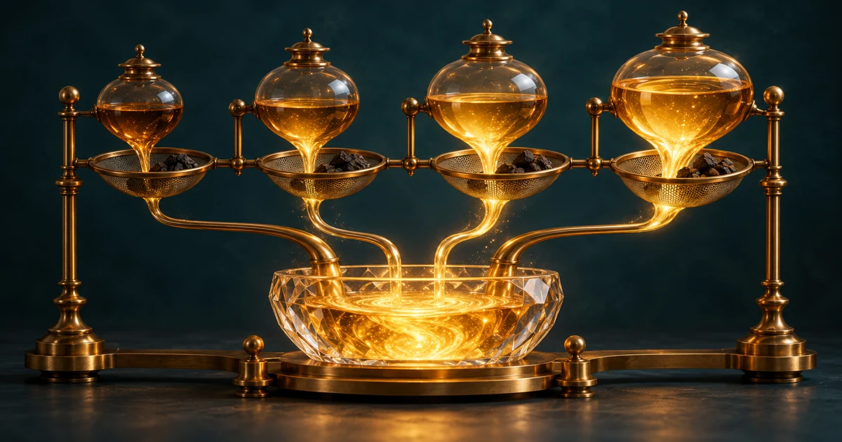 Four amber vessels send differently sized streams through brass filters into one glowing reservoir