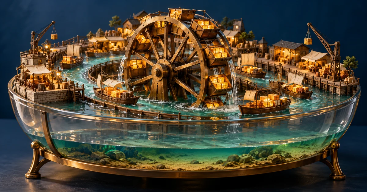 A brass trading waterwheel above a shallow glass reservoir, balancing busy trade with a thin cushion of water